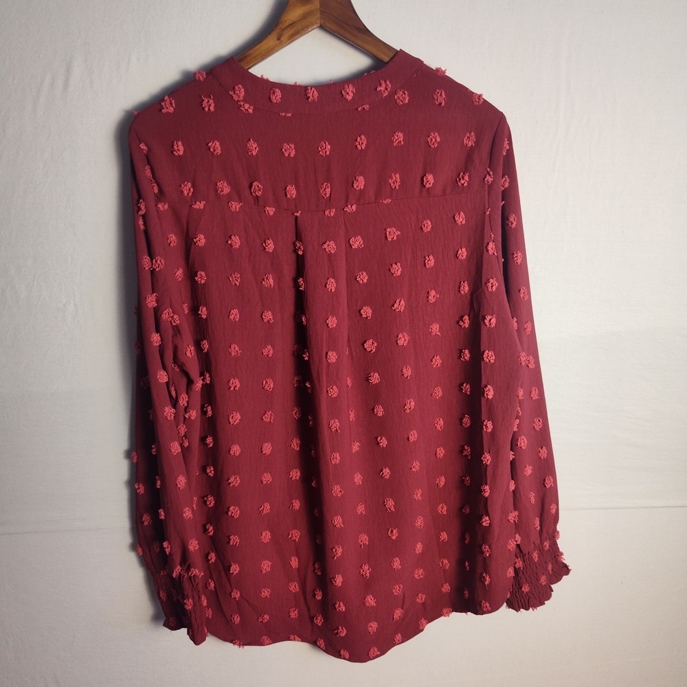 B Brand Womens XL Burgundy Swiss Dot Long Sleeve Smocked Cuff V-Neck Blouse Top - Picture 2 of 8